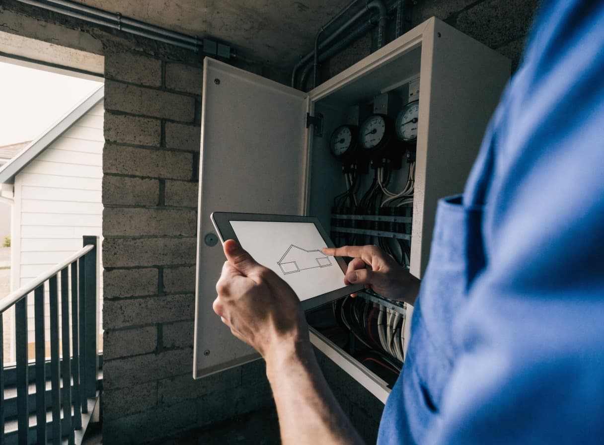 Aufnahme des geöffneten Zählerschranks bei einem Ortstermin, daneben ein Tablet mit einer Dachskizze
