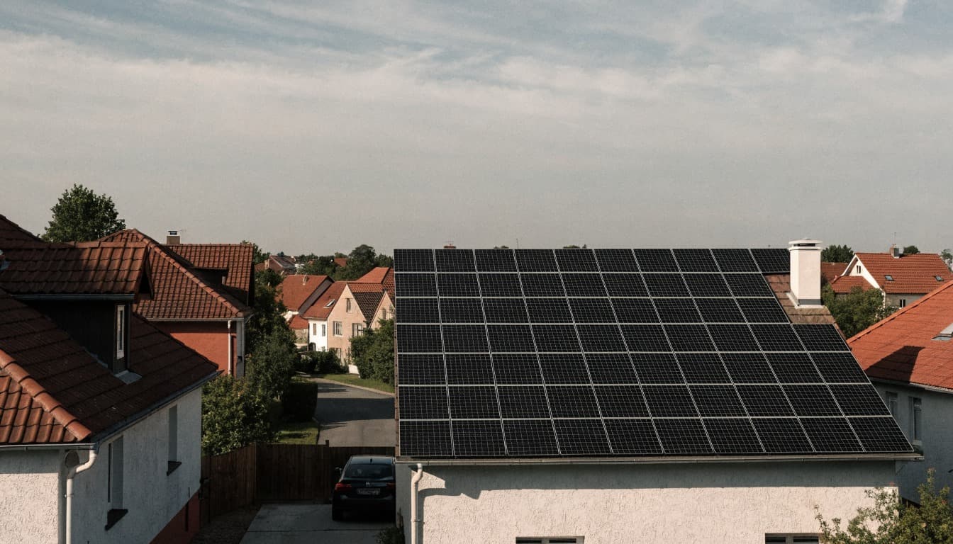 Satteldach eines Wohnhauses, vollständig mit schwarzen Photovoltaikmodulen belegt