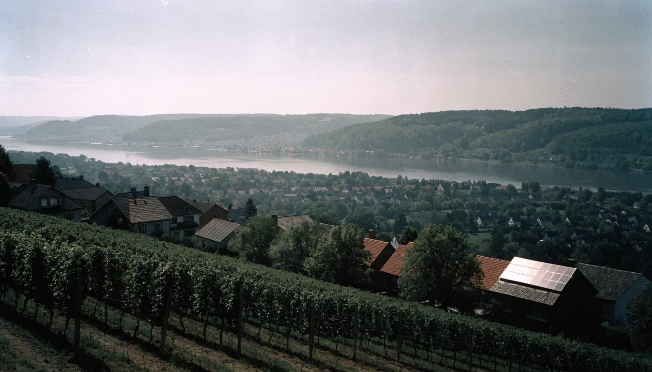 Blick von einem Weinberg über ein Tal mit Wohnbebauung; auf einem der Dächer liegt eine Photovoltaikanlage