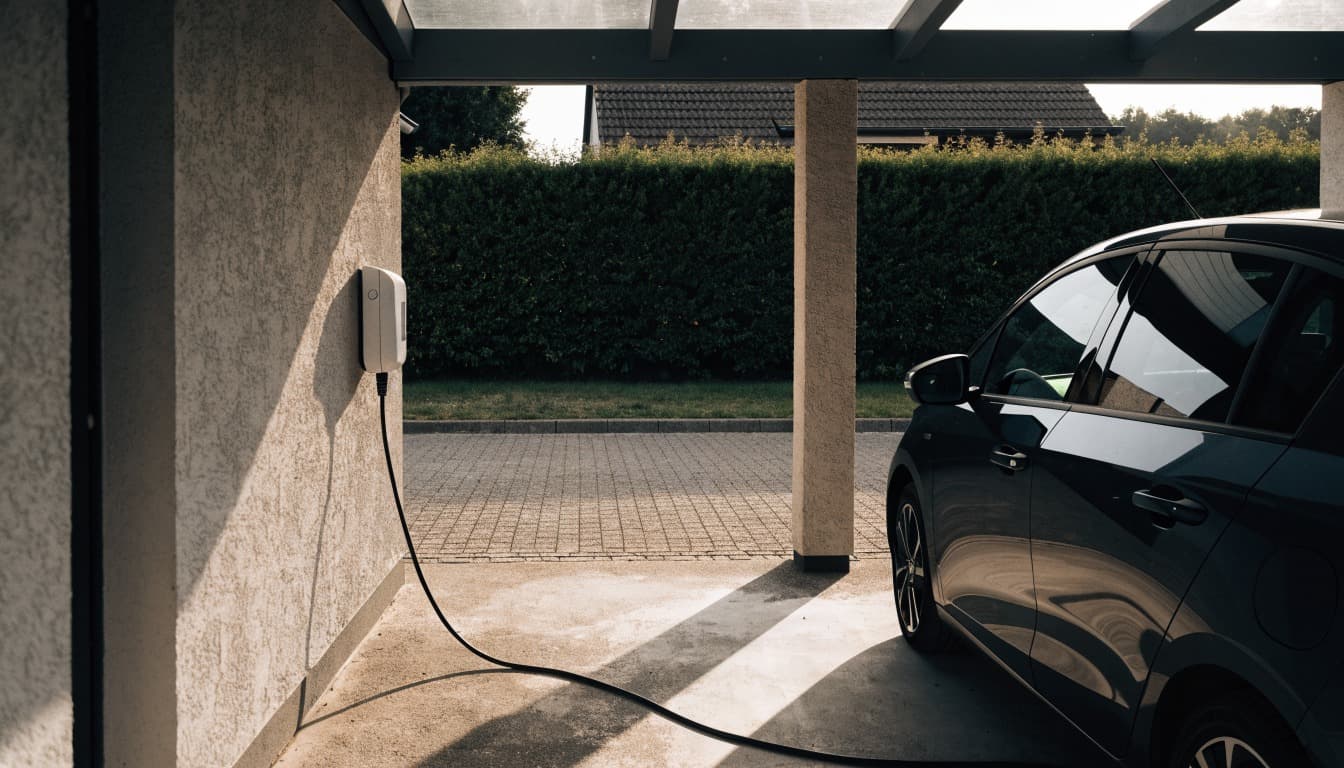 Wallbox an der Wand eines Carports, daneben lädt ein Fahrzeug