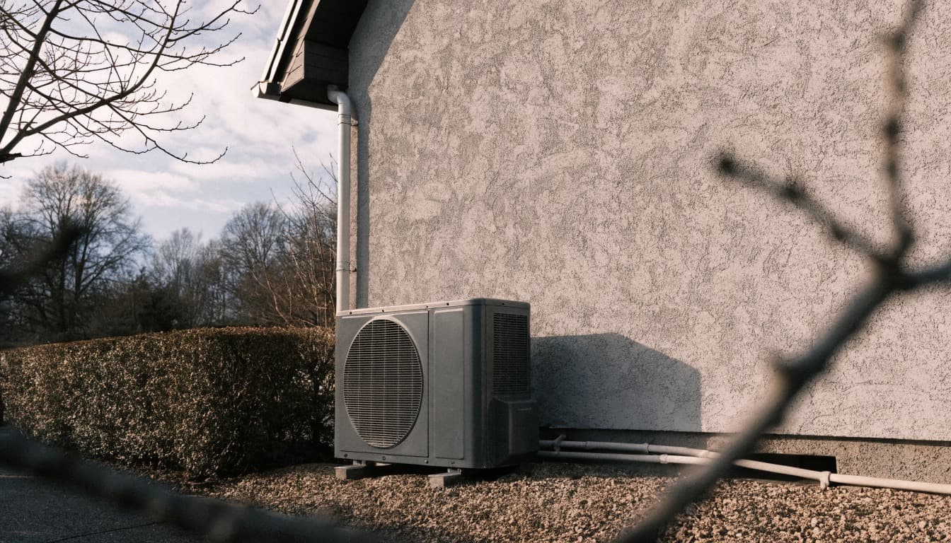 Außeneinheit einer Luftwärmepumpe auf einem Kiesbett an der Hauswand