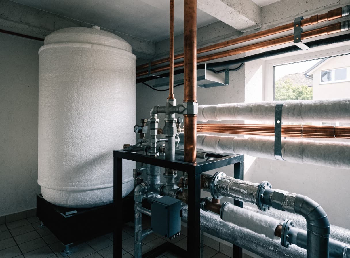 Pufferspeicher und Rohrleitungen der Innenaufstellung im Heizungsraum